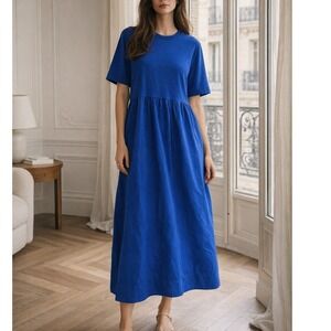 COS 100% Cotton Royal Blue LARGE Tee Shirt Maxi Dress Minimalist Lagenlook L